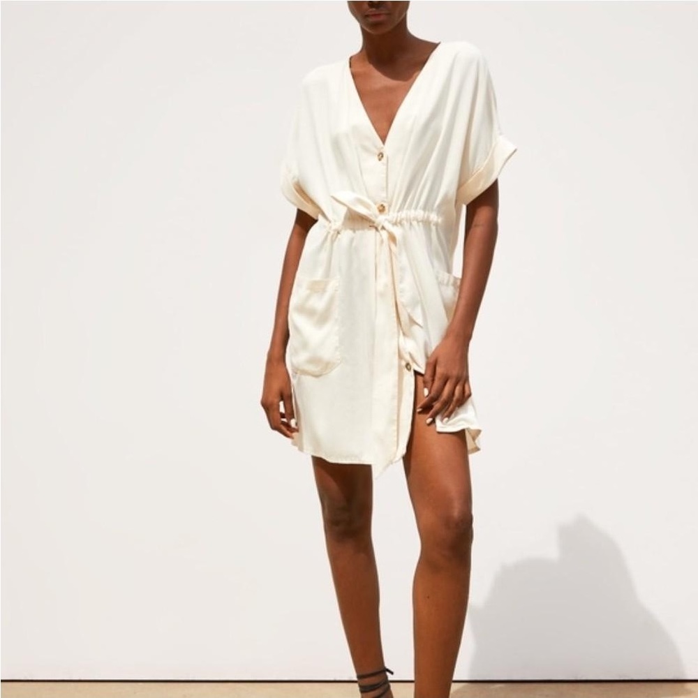 Zara Beige Button Up Short Sleeve Mini Dress w/belt tie - XS
